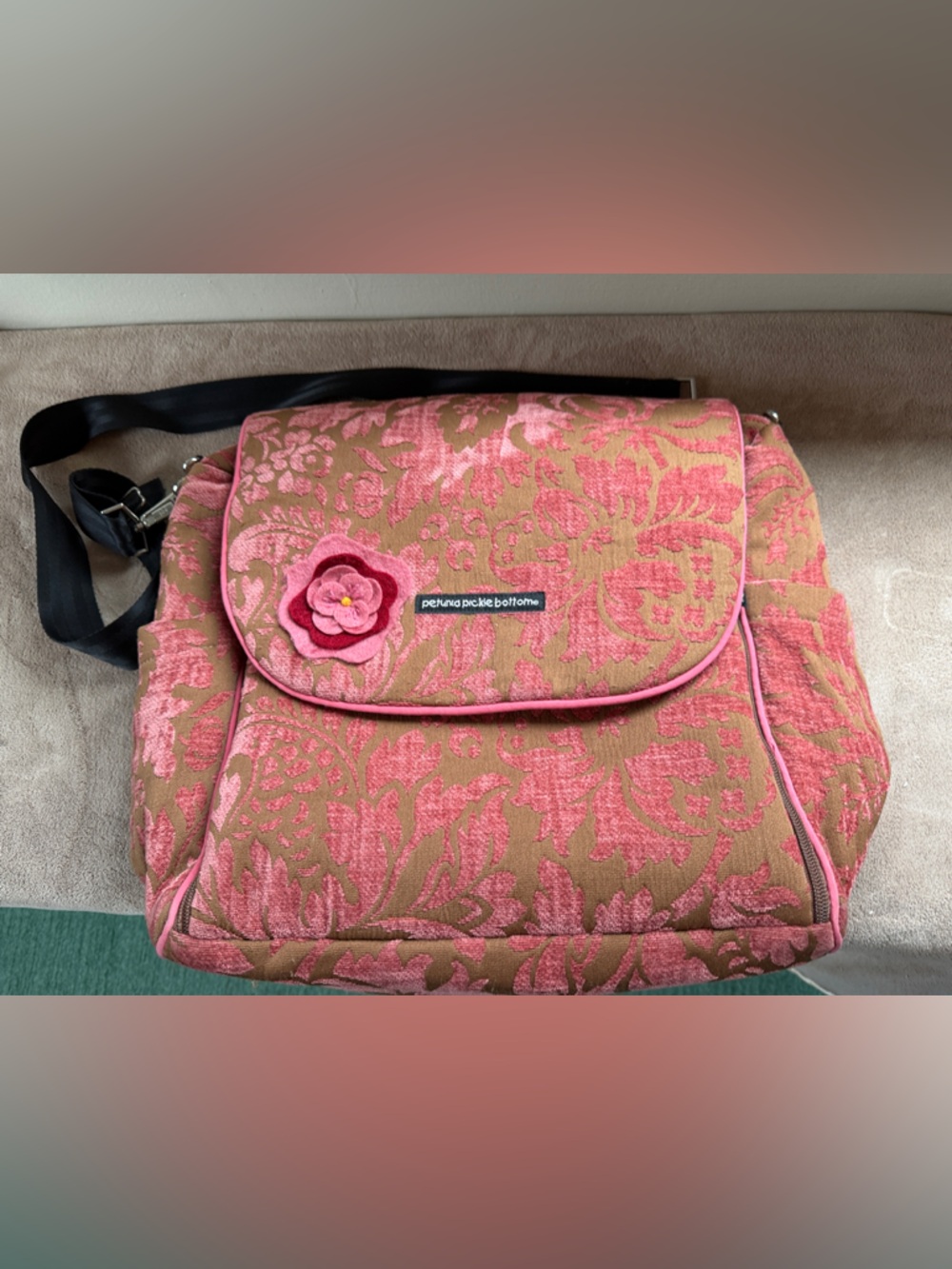 Petunia Pickle Bottom Pink and Tan Floral Crossbody Bag with Flower Accent